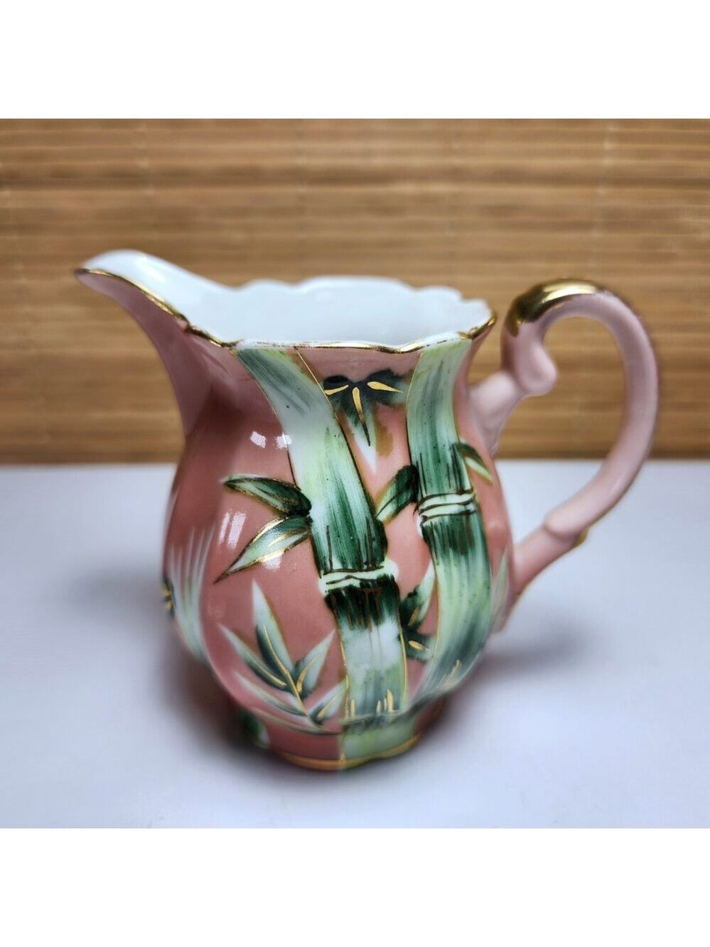 Shafford Creamer Hand Painted Japan Pink with Green Leaves Gold Lustre